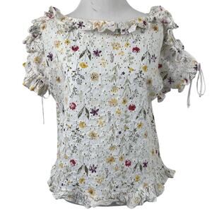 Solitaire Floral Eyelet Blouse Medium Cottagecore Ruffle Boho Puff Sleeve Top